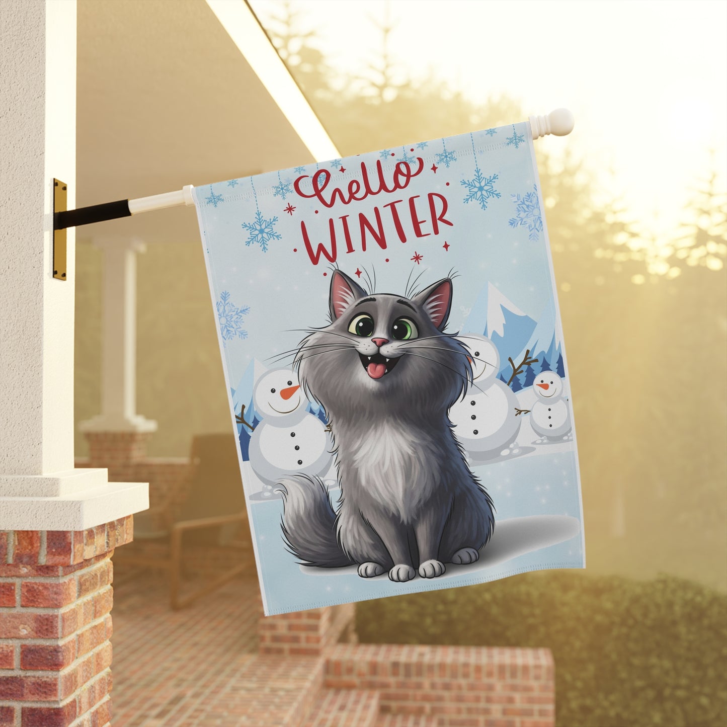 Long hair gray cat Hello Winter Garden Banner