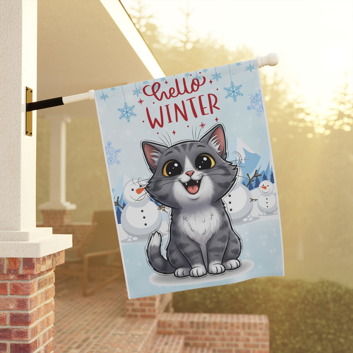 Short hair bi-color gray cat Hello Winter Garden Banner
