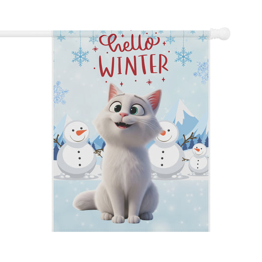 Short hair white cat Hello Winter Garden Banner
