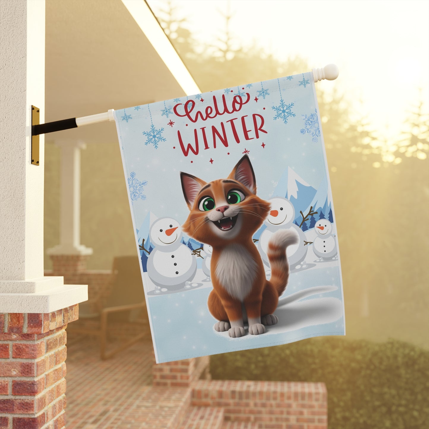 Short hair bi-color orange cat Hello Winter Garden Banner