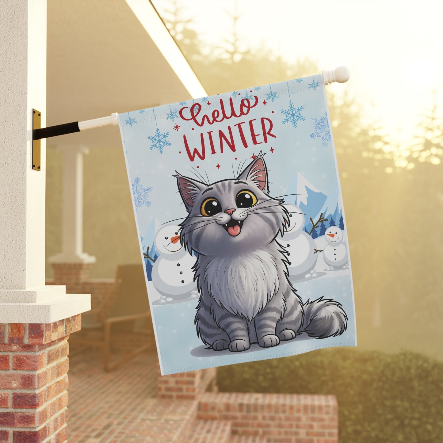 Long hair silver tabby cat Hello Winter Garden Banner
