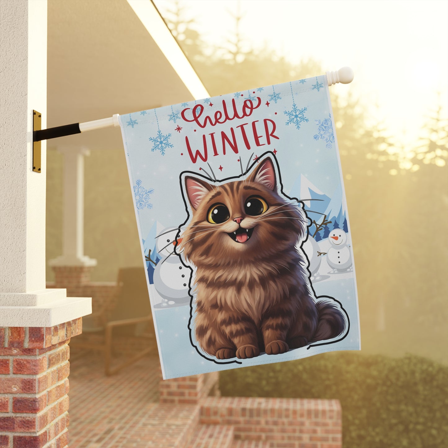 Long hair brown tabby cat Hello Winter Garden Banner