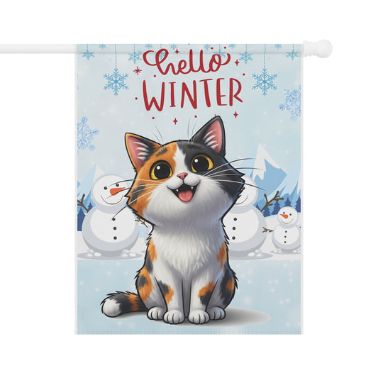 Short hair calico cat Hello Winter Garden Banner