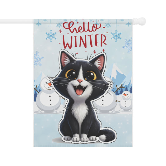 Short hair tuxedo cat Hello Winter Garden Banner
