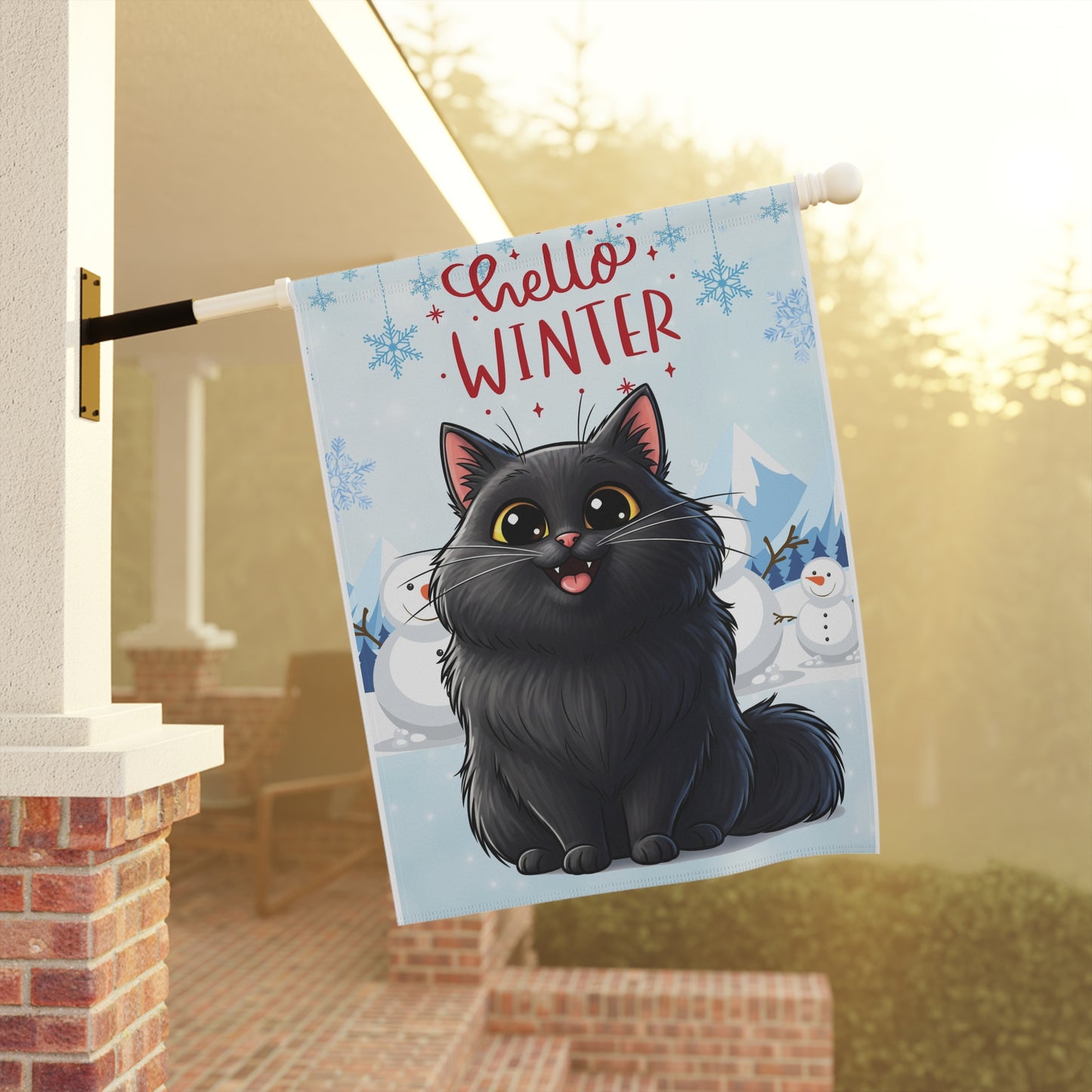 Long hair black cat Hello Winter Garden Banner