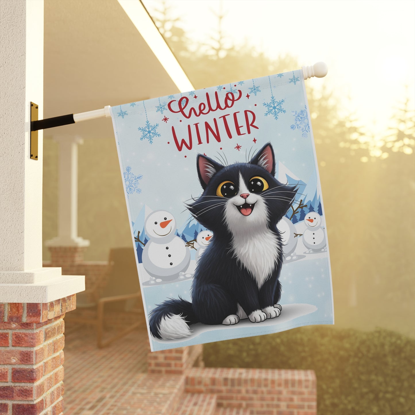Long hair tuxedo cat Hello Winter Garden Banner