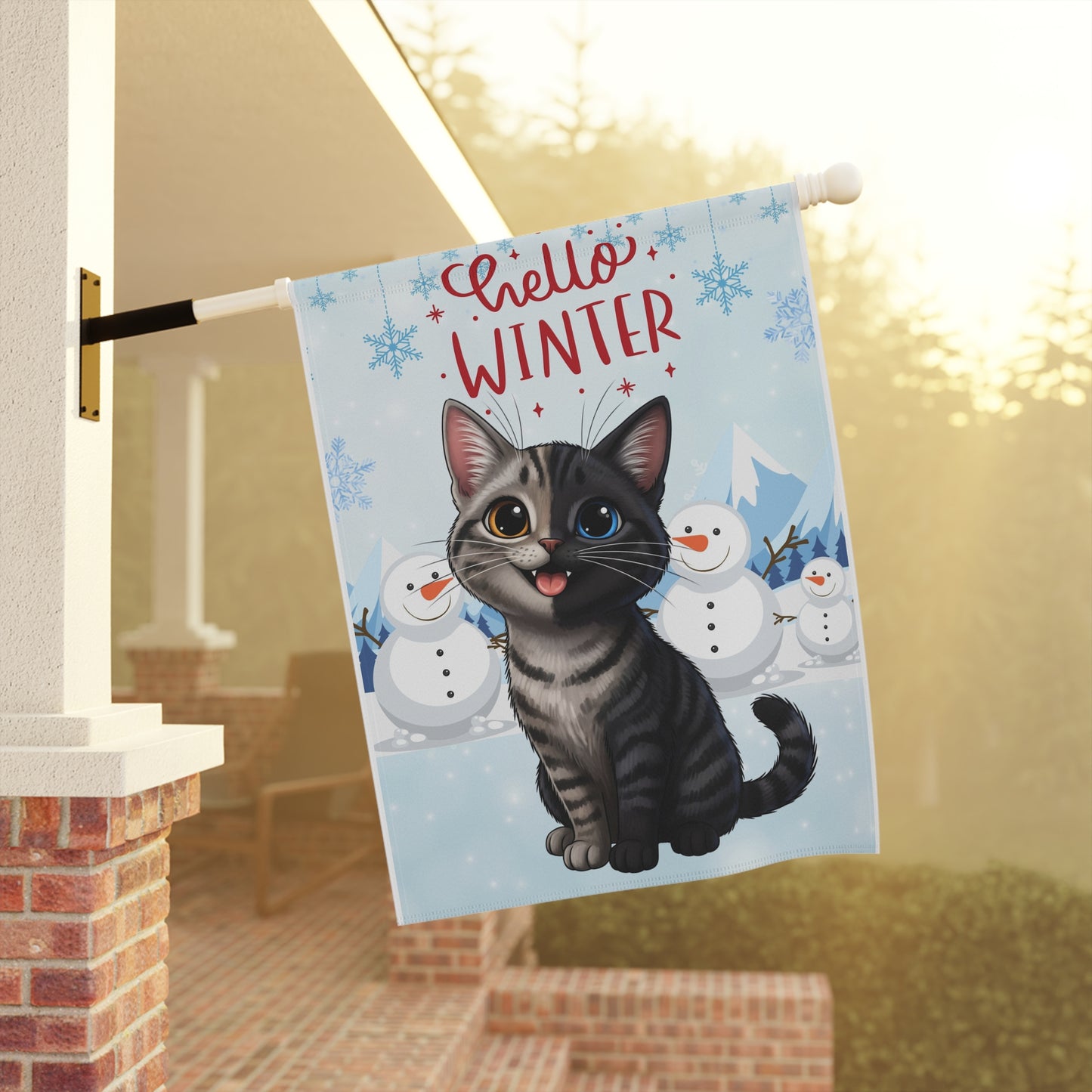 Short hair chimera cat Hello Winter Garden Banner