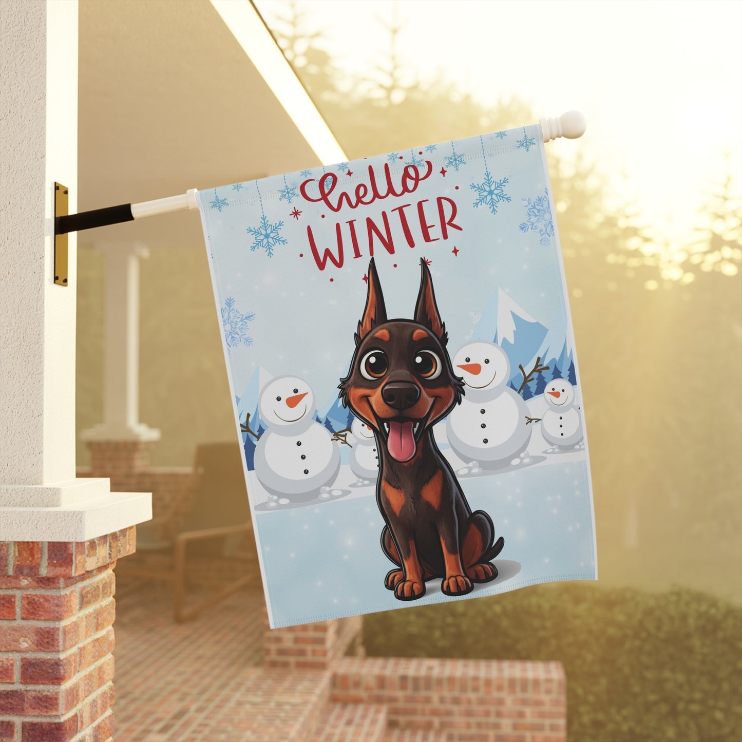 Doberman Hello Winter Garden Banner