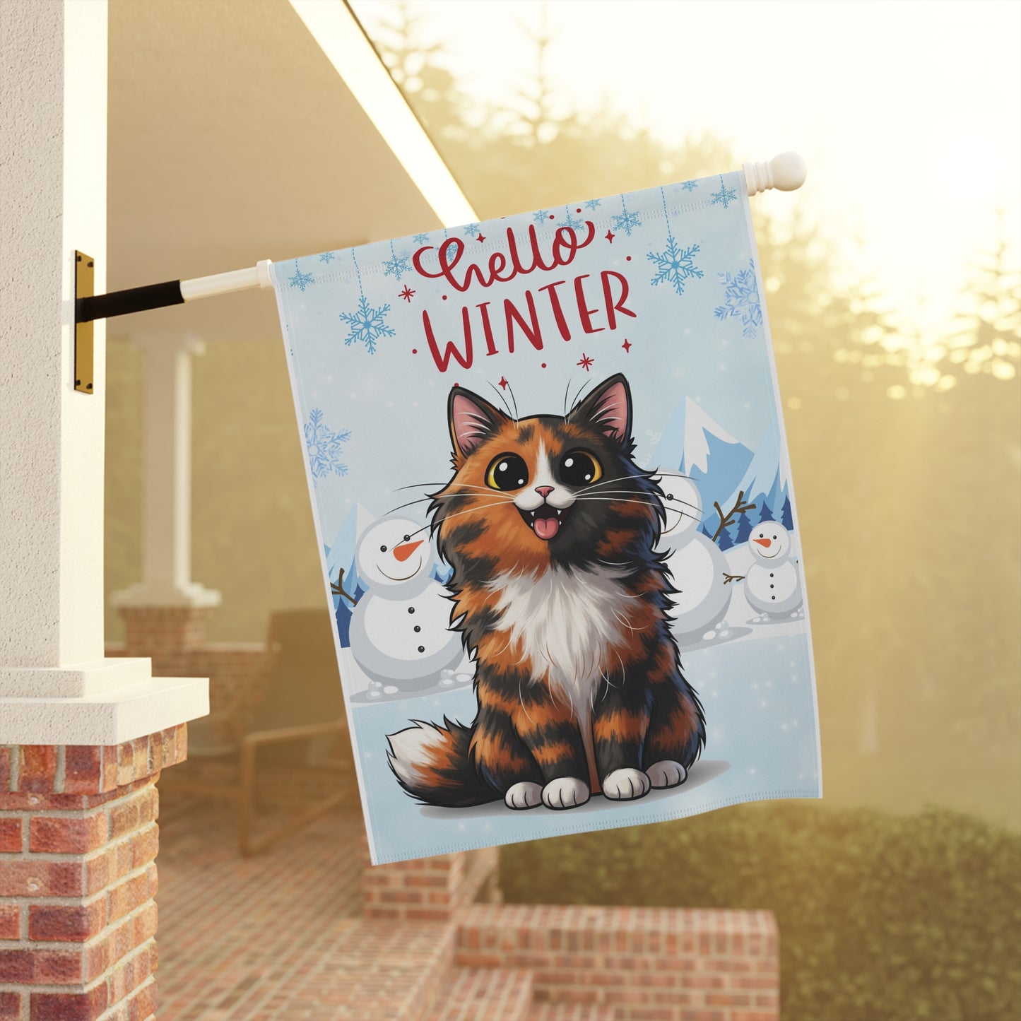 Long hair tortoiseshell cat Hello Winter Garden Banner