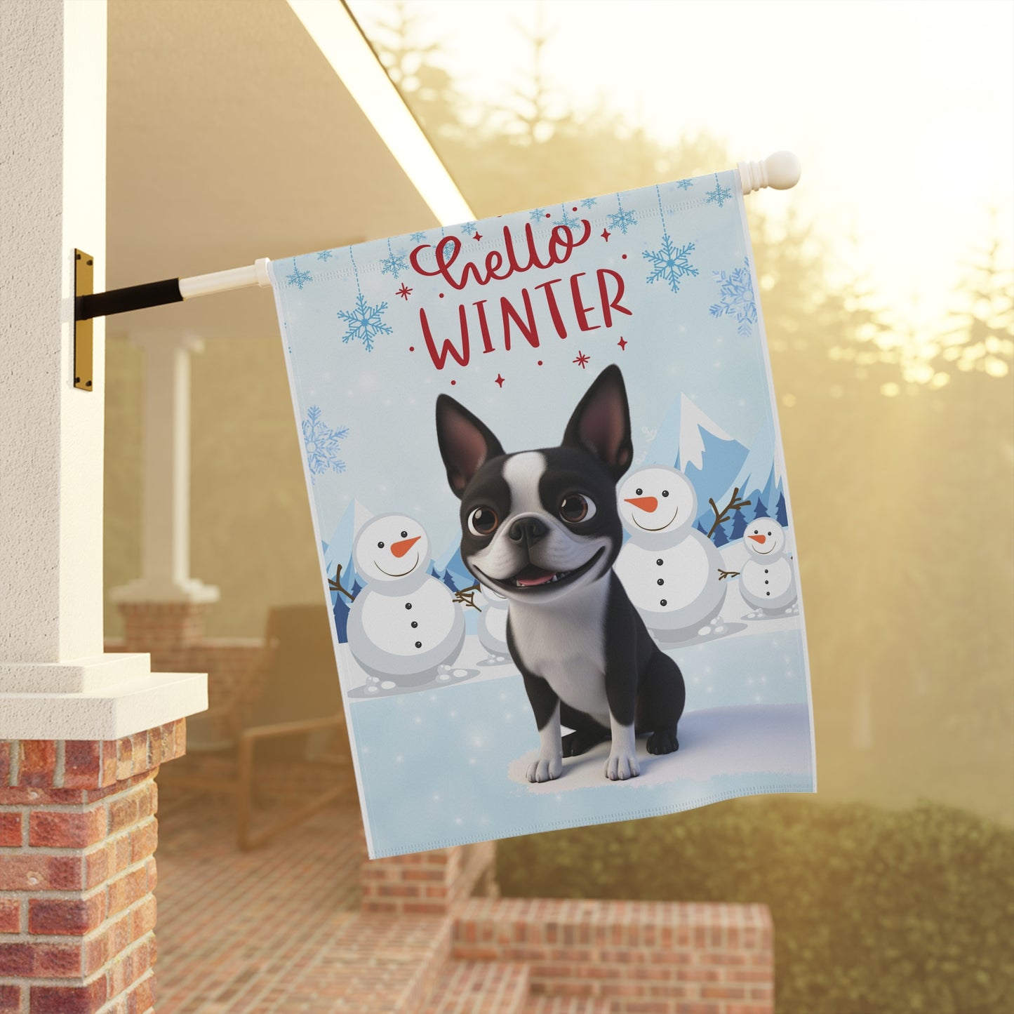 Boston Terrier Hello Winter Garden Banner