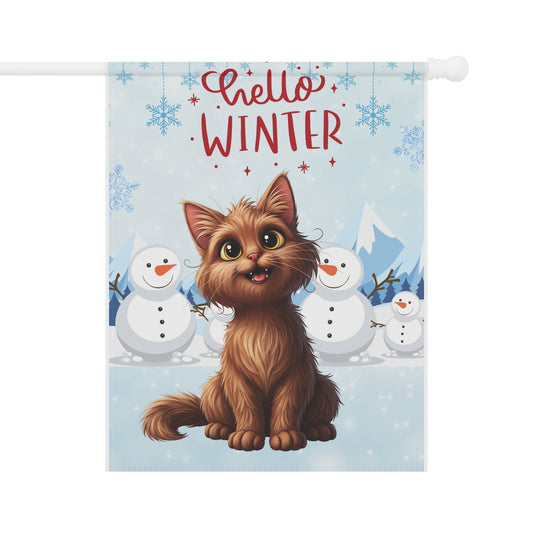 Long hair brown cat Hello Winter Garden Banner