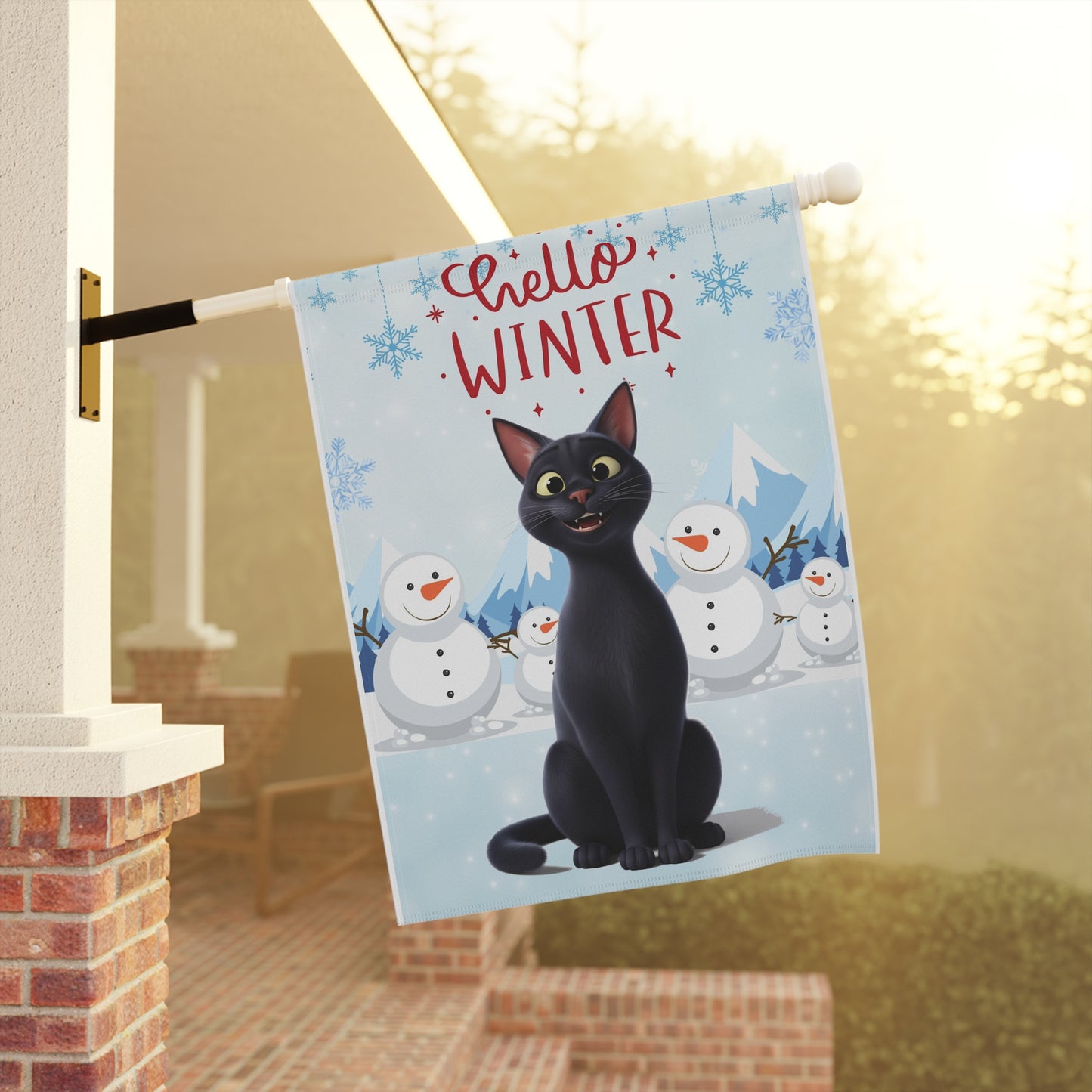 Short hair black cat Hello Winter Garden Banner