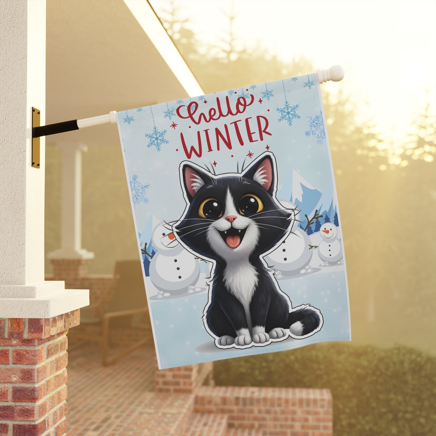 Short hair tuxedo cat Hello Winter Garden Banner