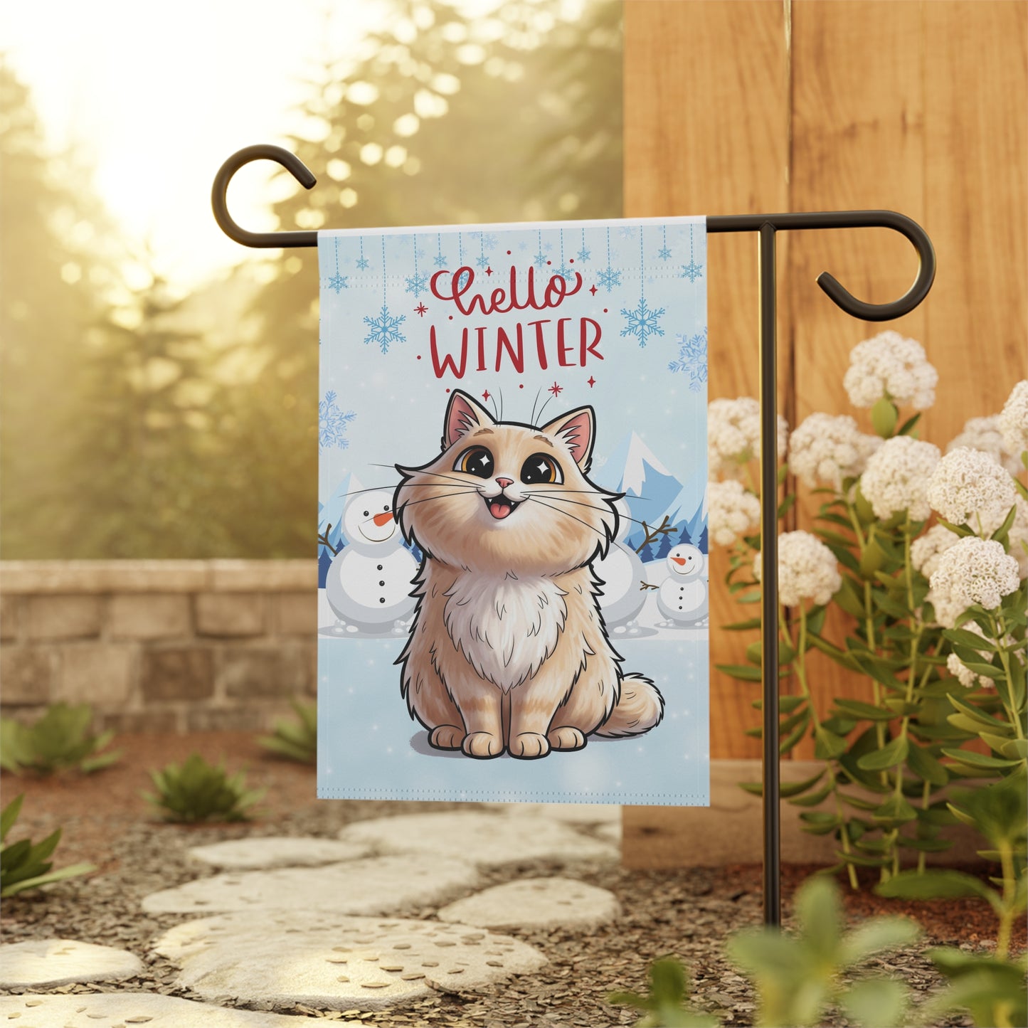 Long hair cream cat Hello Winter Garden Banner