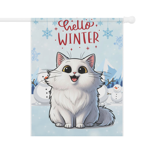 Long hair white cat Hello Winter Garden Banner