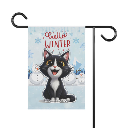 Short hair tuxedo cat Hello Winter Garden Banner