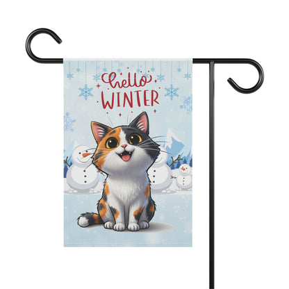 Short hair calico cat Hello Winter Garden Banner