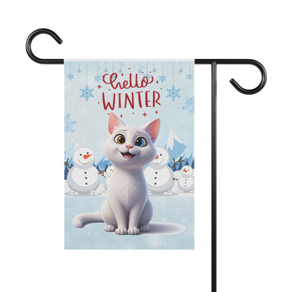 Short hair white cat Hello Winter Garden Banner