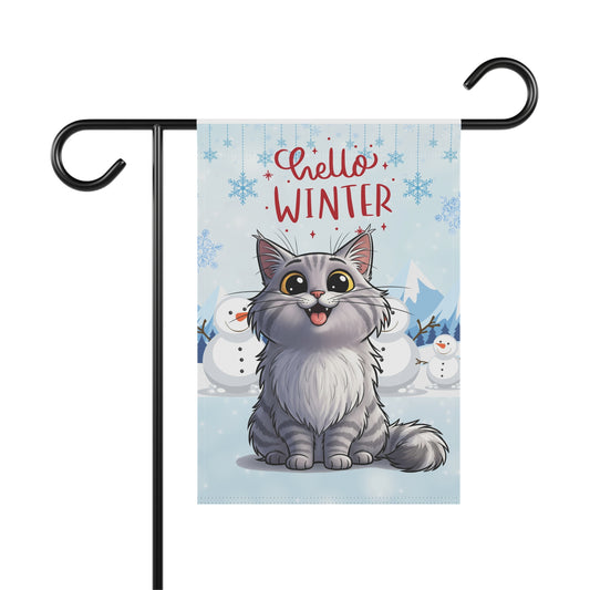 Long hair silver tabby cat Hello Winter Garden Banner