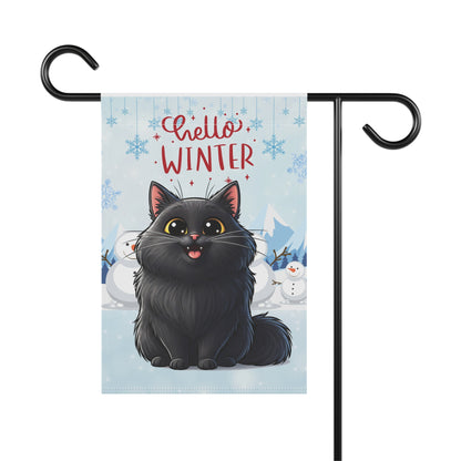 Long hair black cat Hello Winter Garden Banner