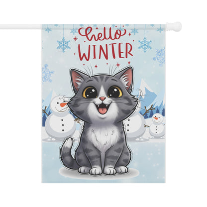 Short hair bi-color gray cat Hello Winter Garden Banner