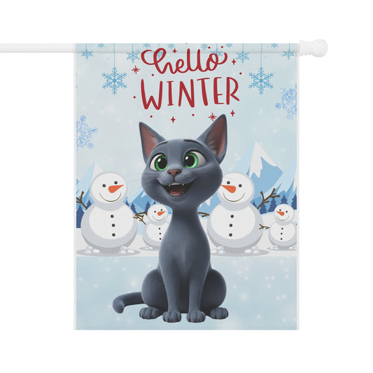 Short hair gray cat Hello Winter Garden Banner