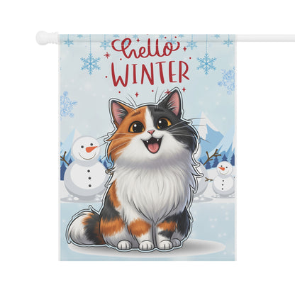 Long hair calico cat Hello Winter Garden Banner