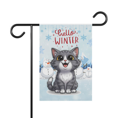 Short hair bi-color gray cat Hello Winter Garden Banner
