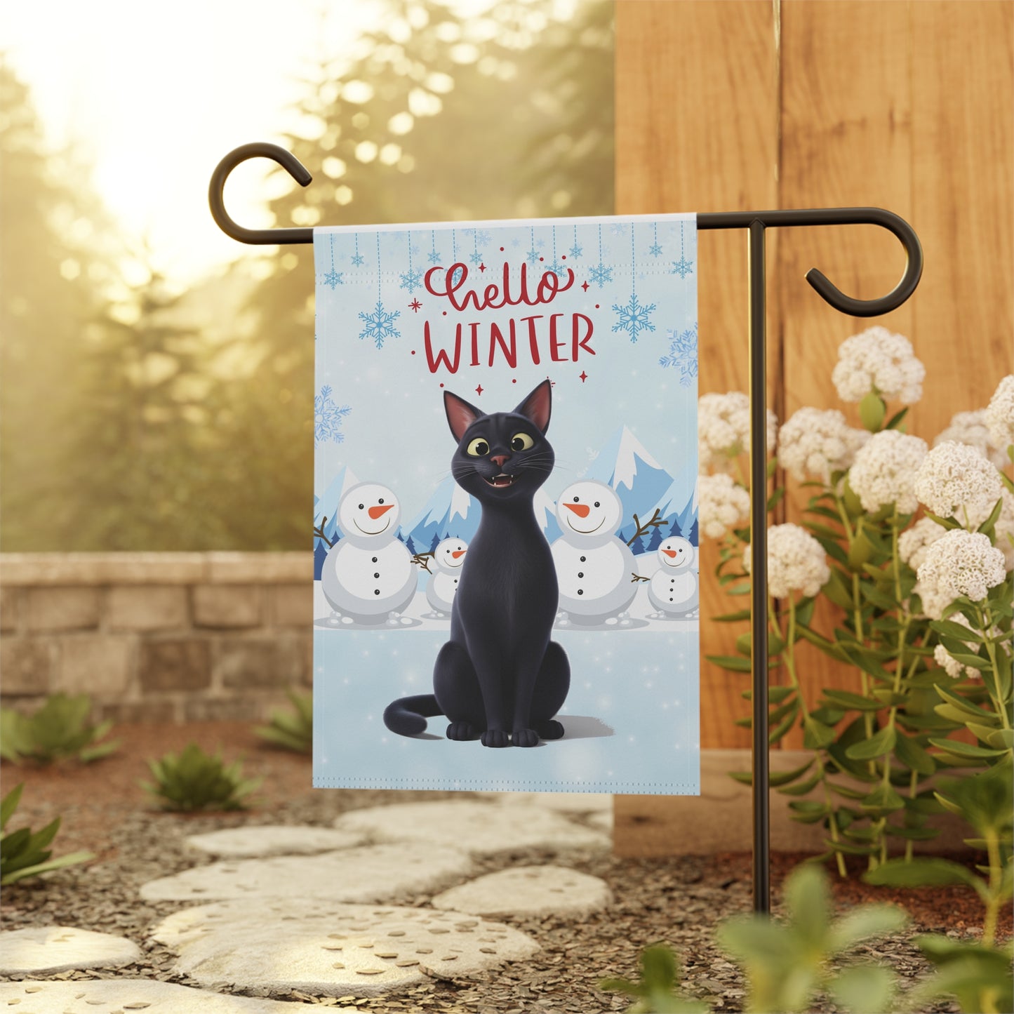 Short hair black cat Hello Winter Garden Banner