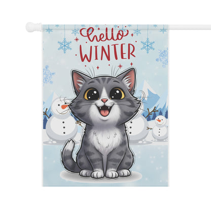 Short hair bi-color gray cat Hello Winter Garden Banner