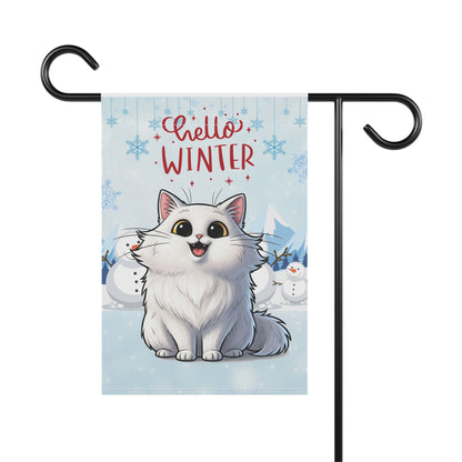 Long hair white cat Hello Winter Garden Banner