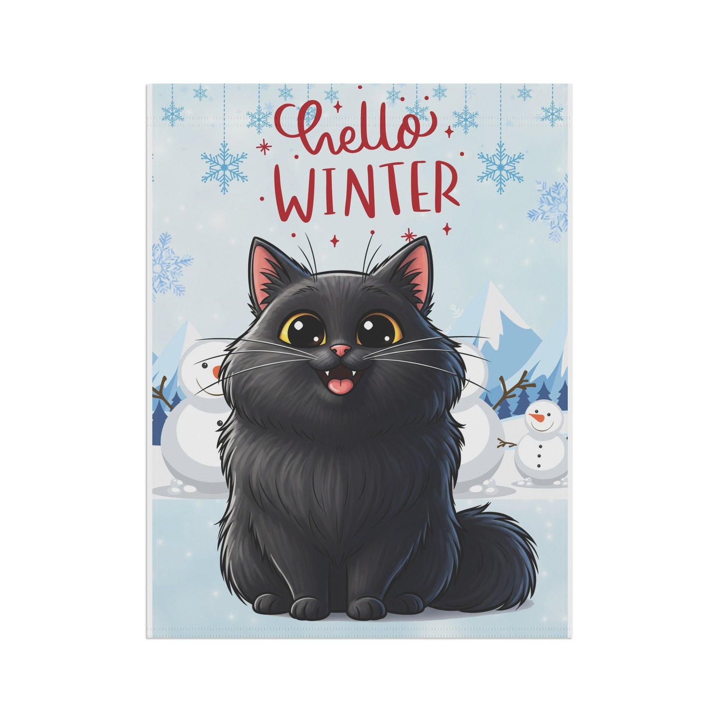 Long hair black cat Hello Winter Garden Banner