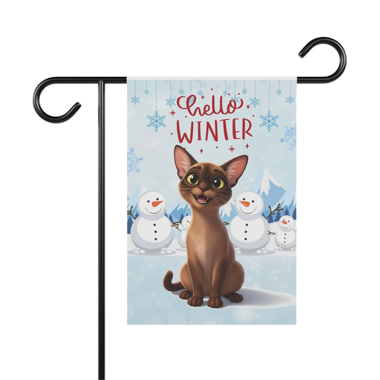 Short hair brown cat Hello Winter Garden Banner