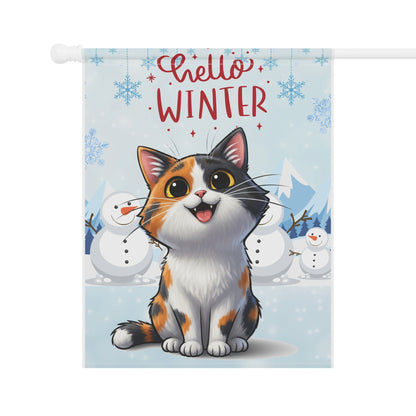 Short hair calico cat Hello Winter Garden Banner