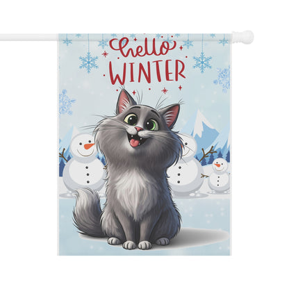 Long hair gray cat Hello Winter Garden Banner