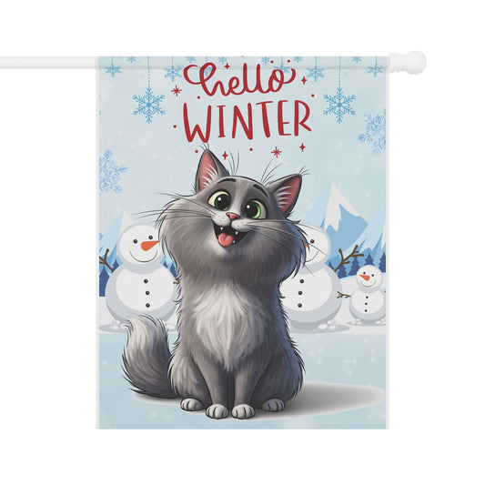 Long hair gray cat Hello Winter Garden Banner