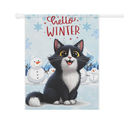 Long hair tuxedo cat Hello Winter Garden Banner