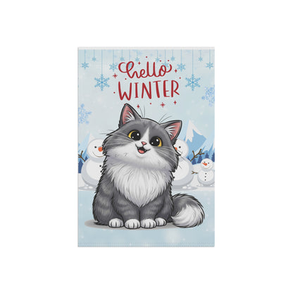 Long hair bi-color gray cat Hello Winter Garden Banner