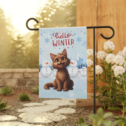 Long hair brown cat Hello Winter Garden Banner