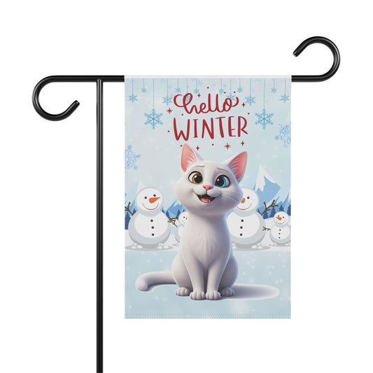 Short hair white cat Hello Winter Garden Banner
