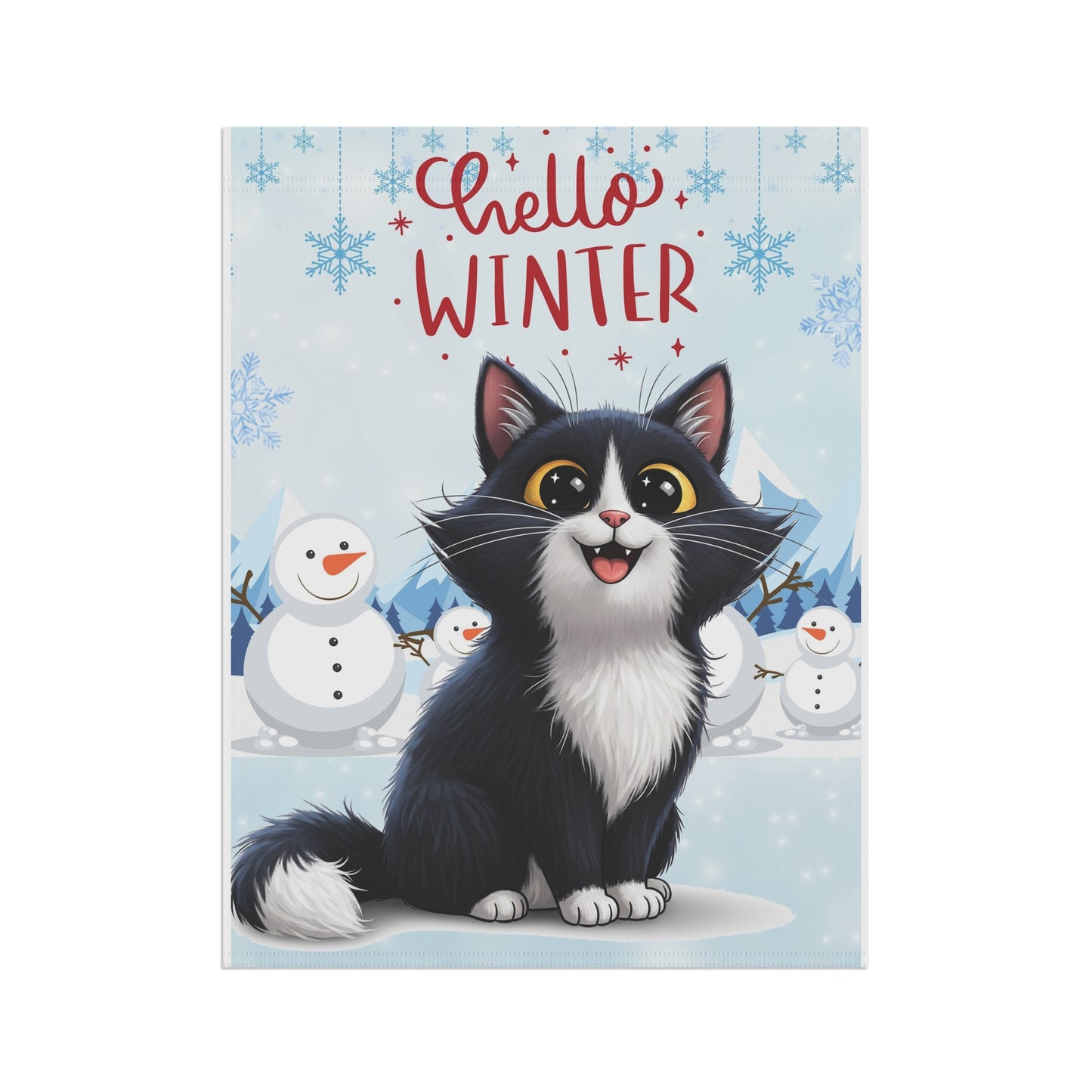 Long hair tuxedo cat Hello Winter Garden Banner