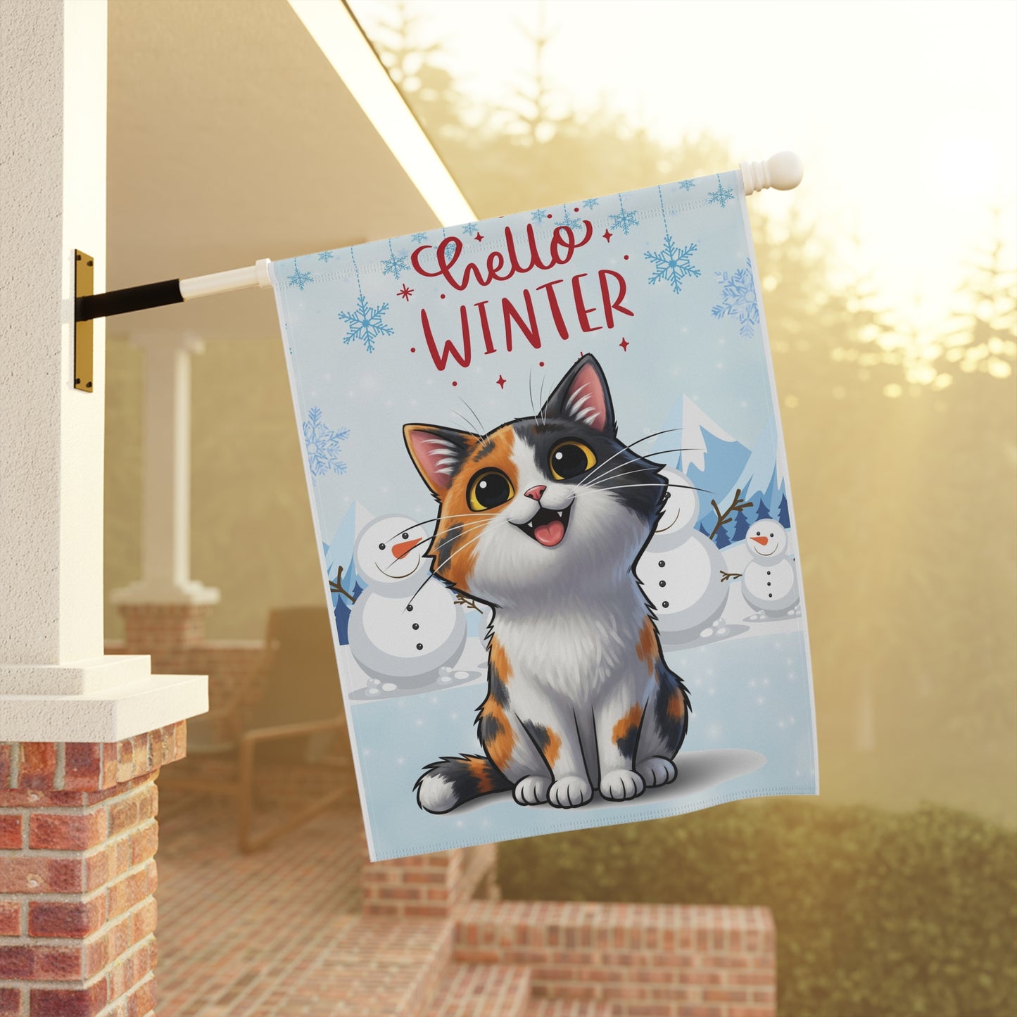 Short hair calico cat Hello Winter Garden Banner