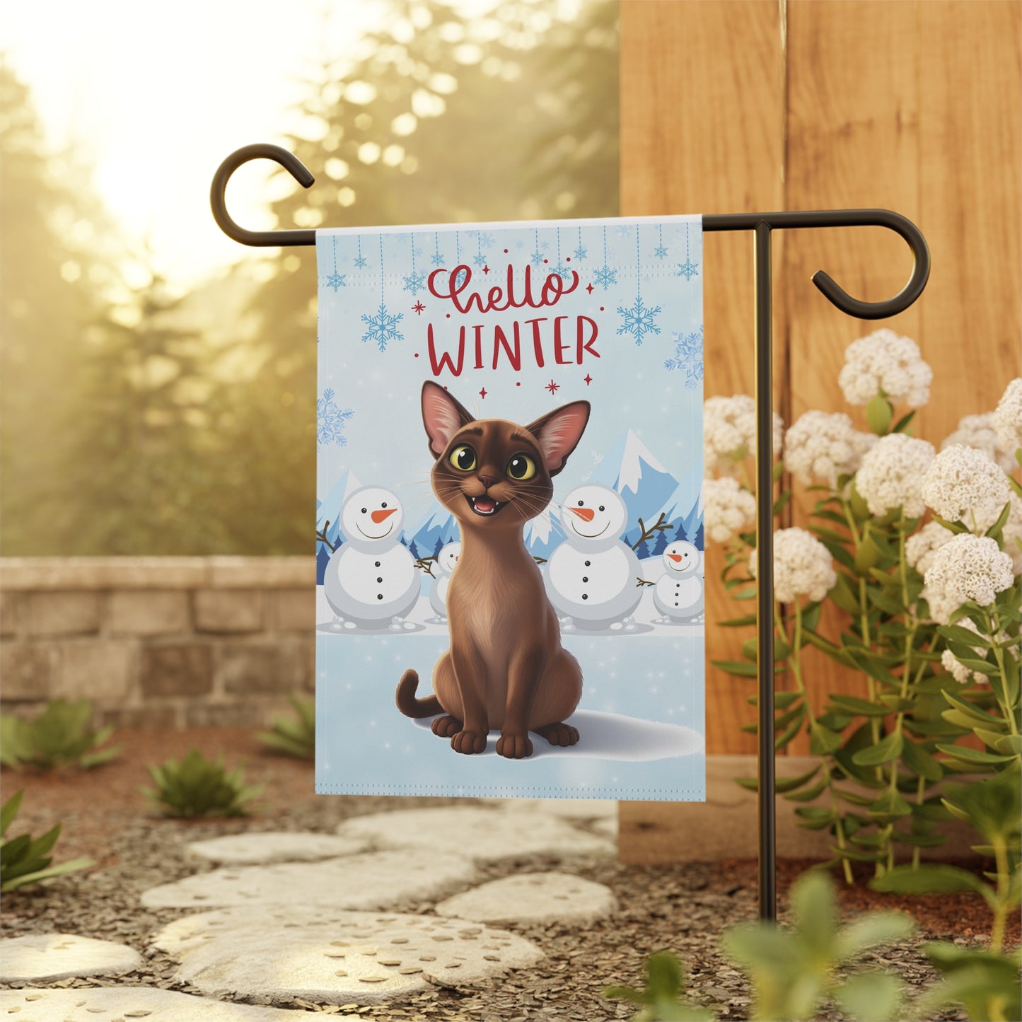 Short hair brown cat Hello Winter Garden Banner