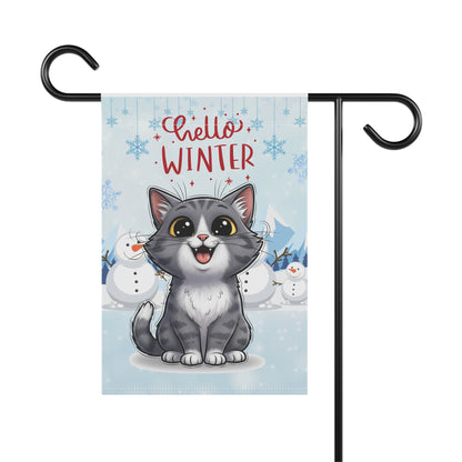 Short hair bi-color gray cat Hello Winter Garden Banner