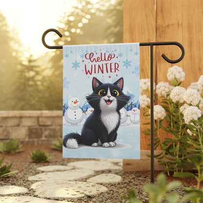 Long hair tuxedo cat Hello Winter Garden Banner