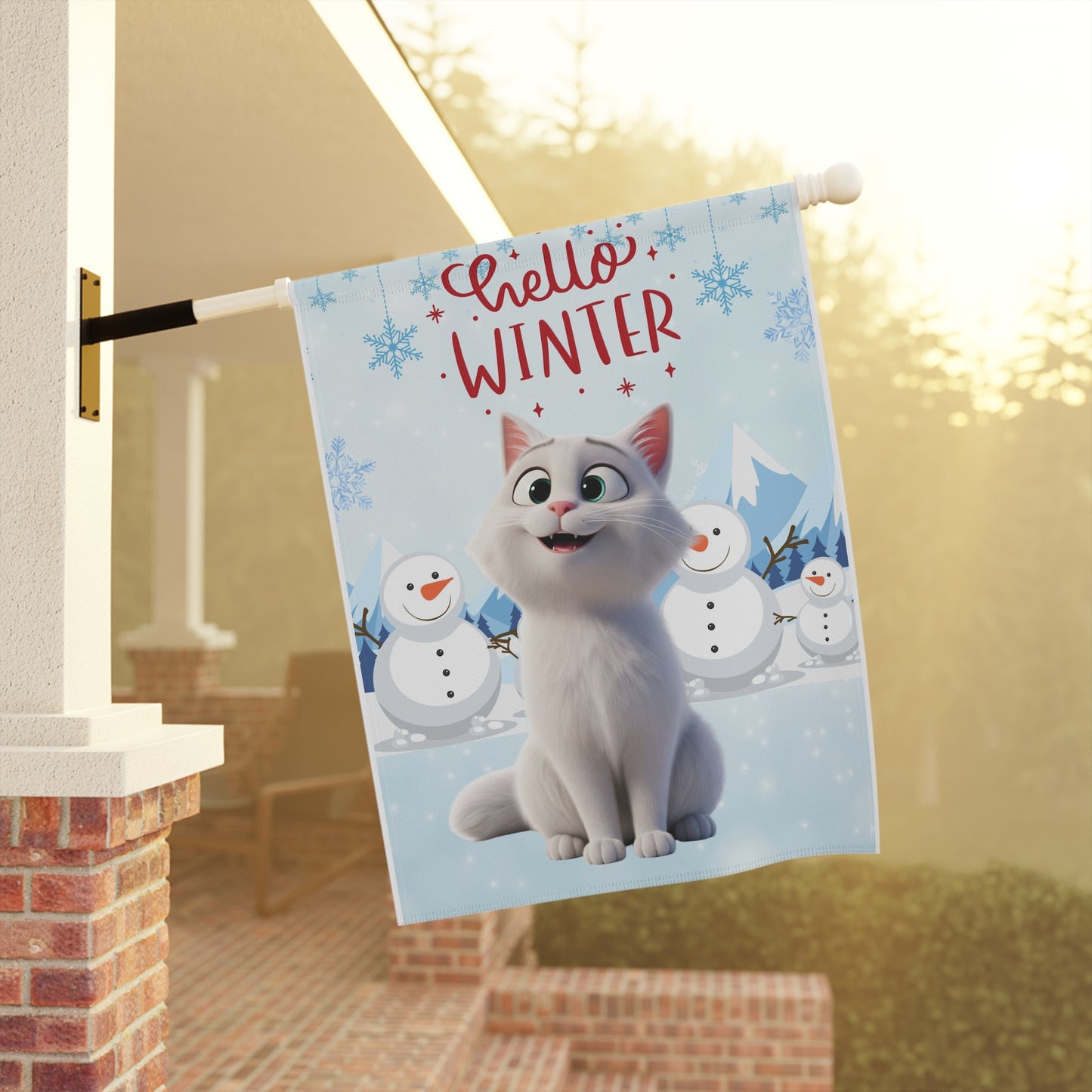 Short hair white cat Hello Winter Garden Banner
