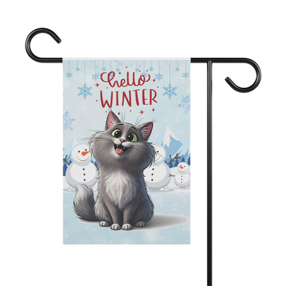 Long hair gray cat Hello Winter Garden Banner