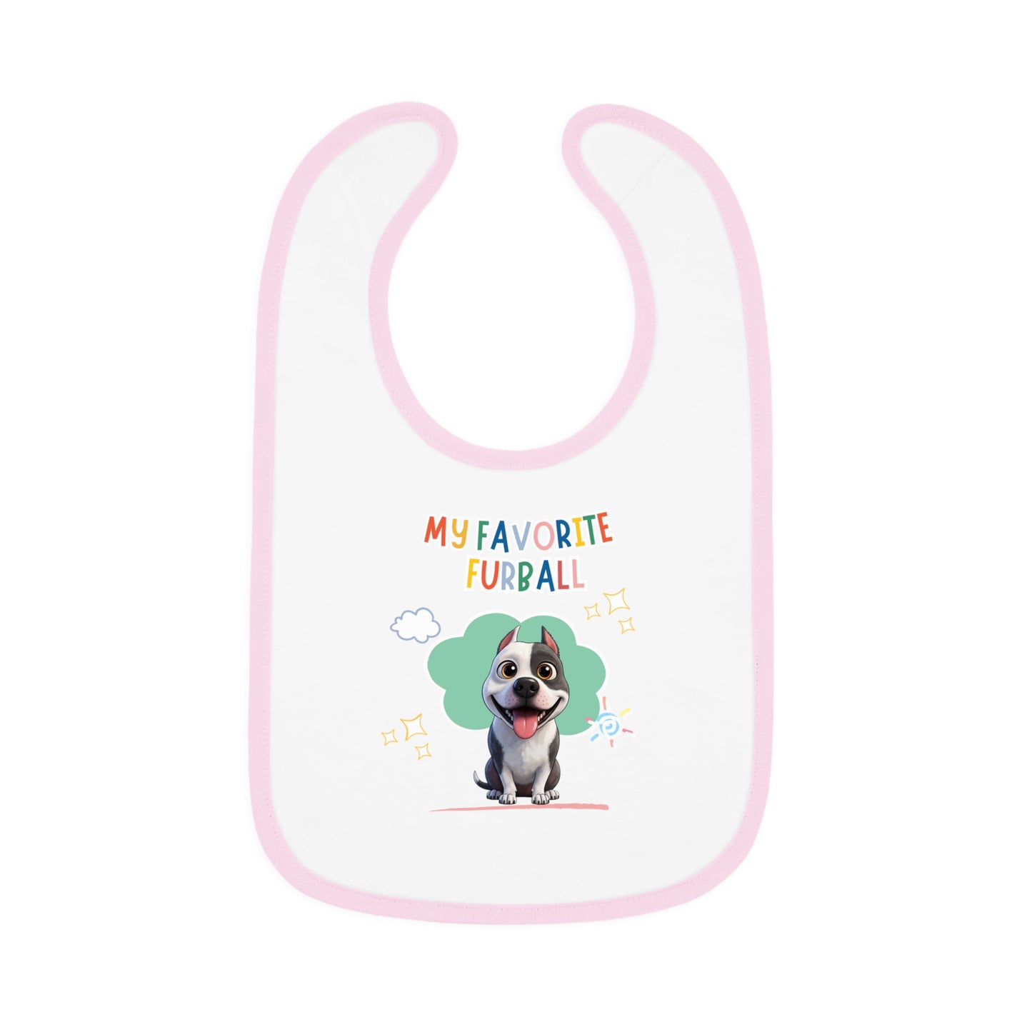 Baby bib with a dog illustration and text on a white background