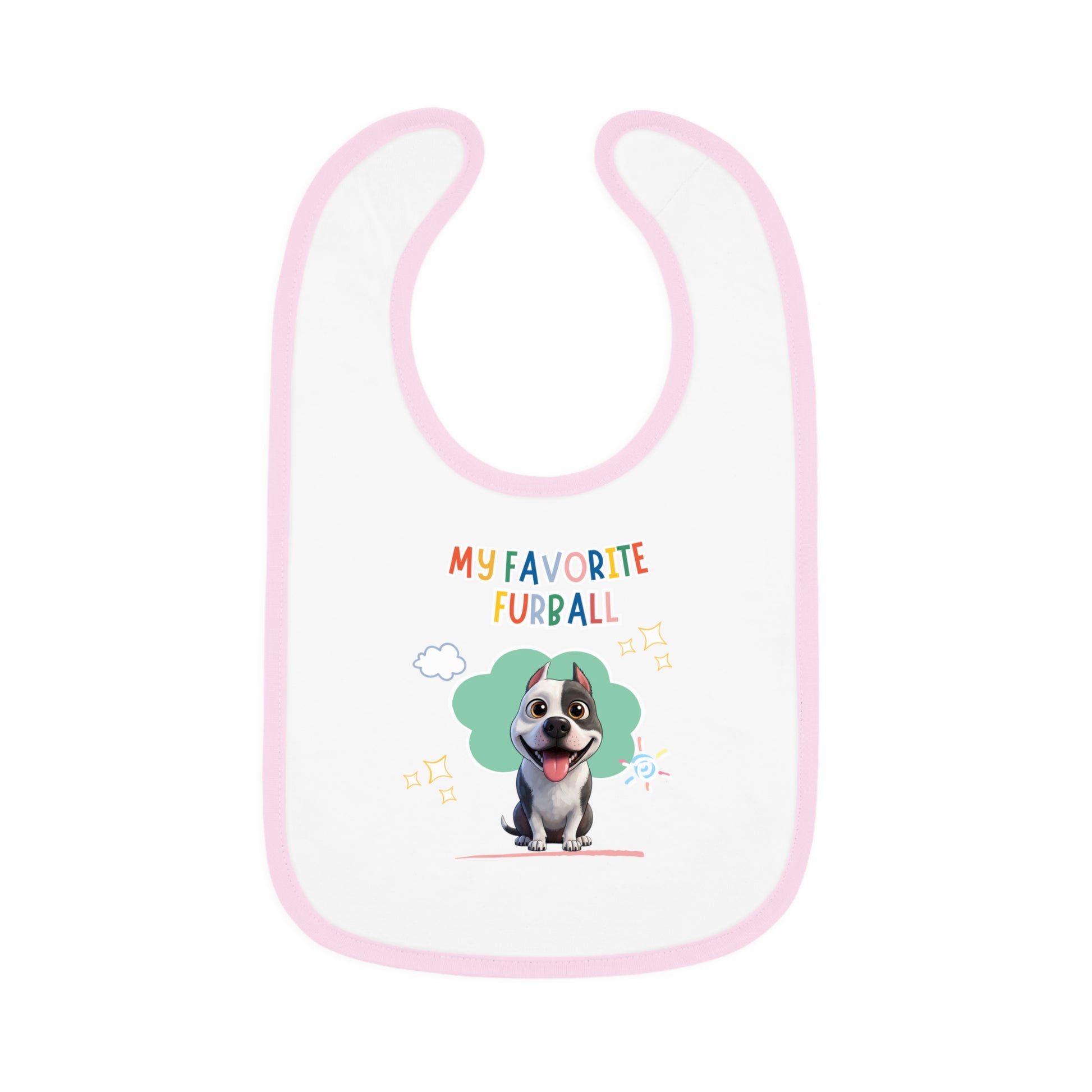 Baby bib with a dog illustration and text on a white background