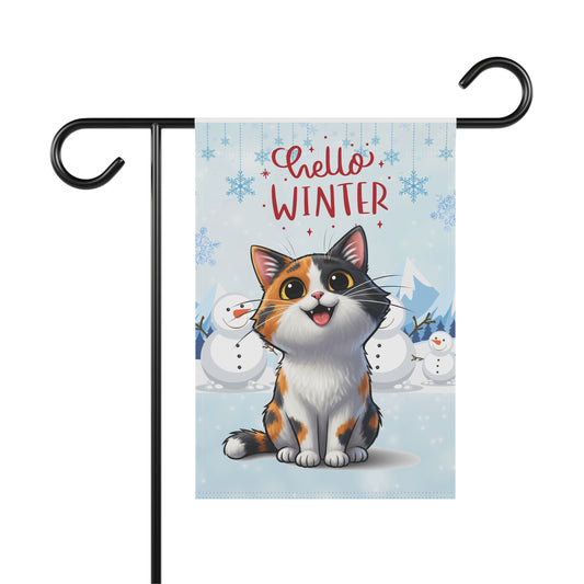 Short hair calico cat Hello Winter Garden Banner